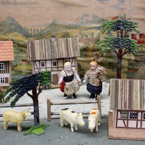 farms and pastures antique cardboard box ,  , antique miniature wooden animals 