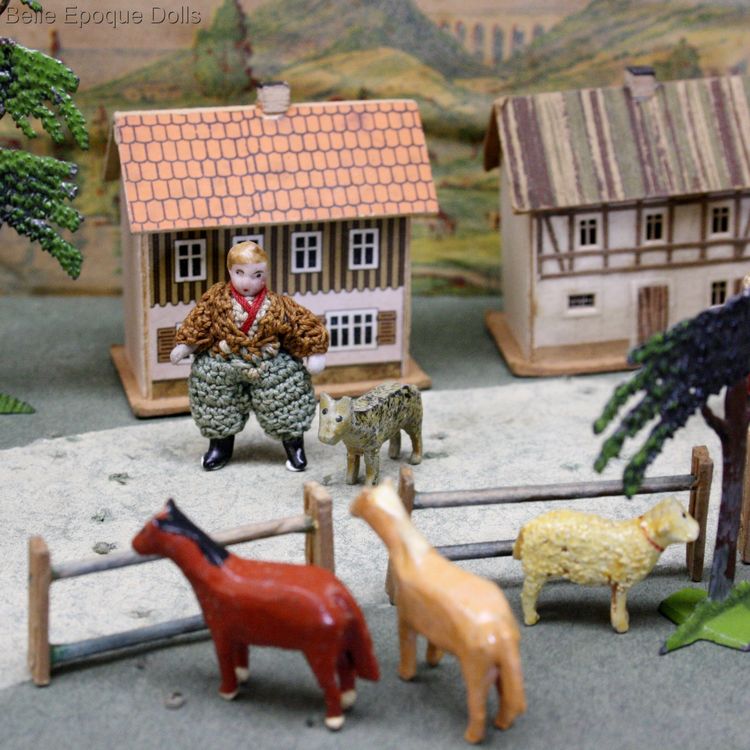 farms and pastures antique cardboard box , antique miniature wooden animals