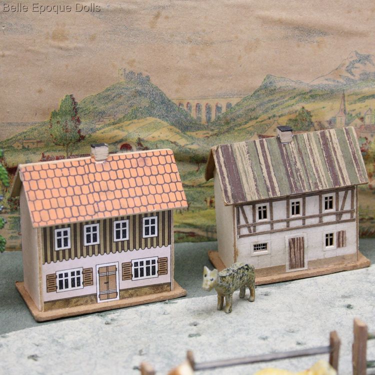 antique miniature wooden animals , farms and pastures antique cardboard box , antique miniature wooden animals