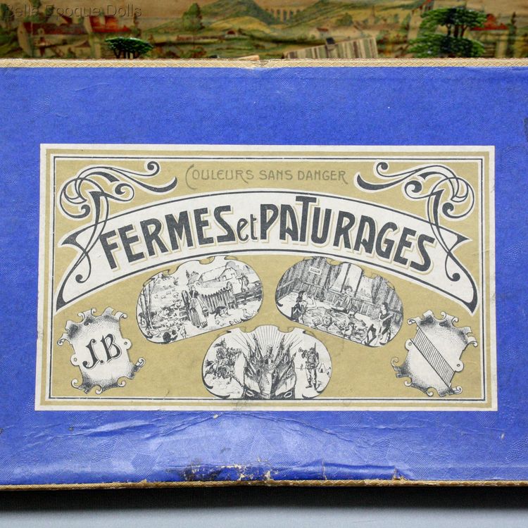 farms and pastures antique cardboard box , antique miniature wooden animals