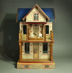 Antique Gottschalk Blue-roofed Villa with two Furnished Rooms and Dollhouse dolls
