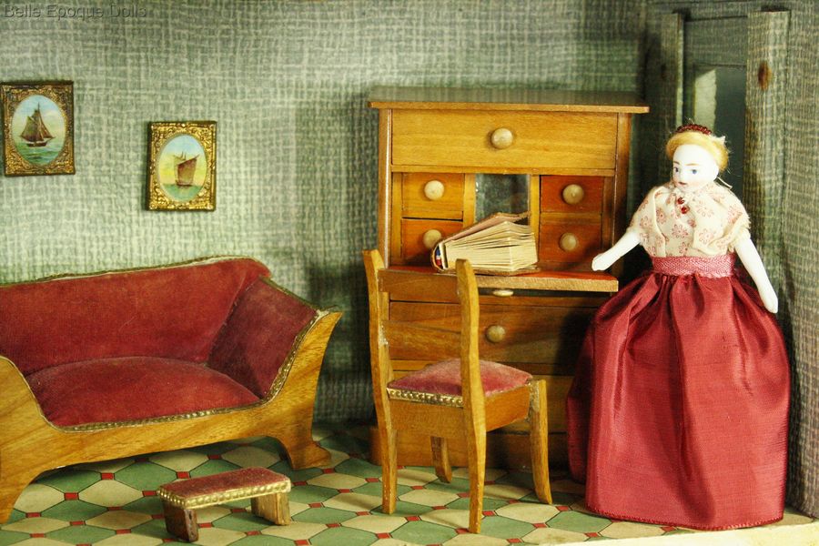 Moritz Gottschalk puppenhuser puppenstuben , antique lithographed dollhouses , Antique dolls house wooden furniture 
