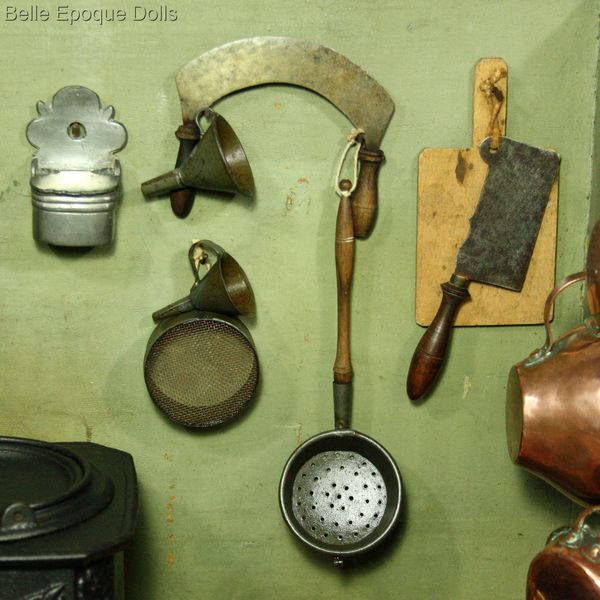 French antique miniature kitchen , Antique dollhouse cast iron stove , Antique miniature kitchen with pewter