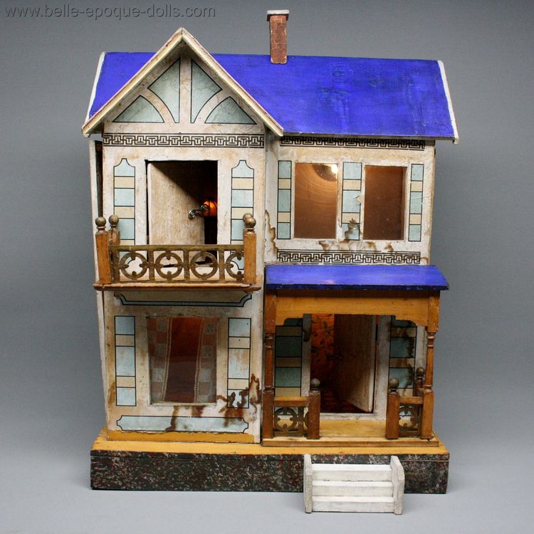 Antique dolls house with balcony , Puppenstuben zubehor , Antique Dollhouse miniature deauville French dollhouse