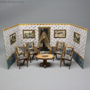 Antique Dolls miniature room , French dollhouse salon Louis Badeuille , Antique Dollhouse miniature French furniture 