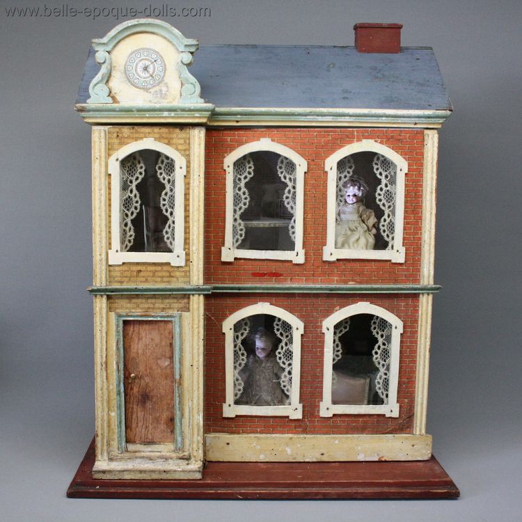 antique miniature dollhouse , Puppenhuser antiek , Antique dolls house with pediment 