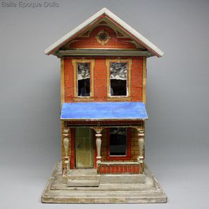 Small Lithographed Blue Roof Dollhouse  - by Moritz Gottschalk