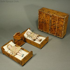 Pair of All-bisque tiny dolls in Wooden Bedroom Furniture