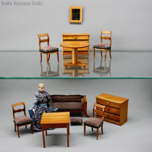 antique miniature dolls house furniture , antique  dollhouse salon , Antique French wooden salon with velvet upholstery 