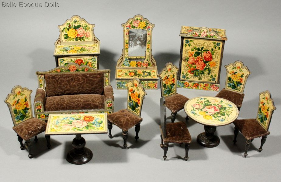 Antique Dollhouse miniature , Antique dollhouse salon with floral lithographed paper