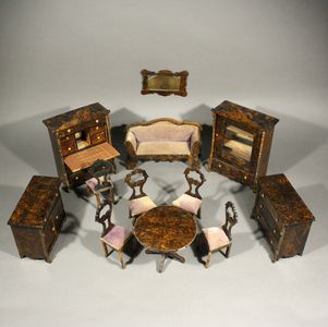 Outstanding Antique Faux-grained Rosewood Dollhouse Furniture in its Original Wooden Box