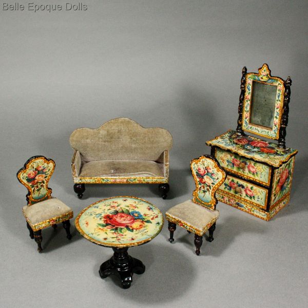 Antique dolls house furniture salon with lithographed paper , alte puppenstuben salonmbel 