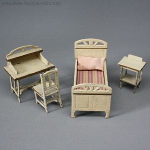 Antique Dollhouse Bedroom Furniture in White Painted Wood and Pressed Cardboard - by Moritz Gottschalk