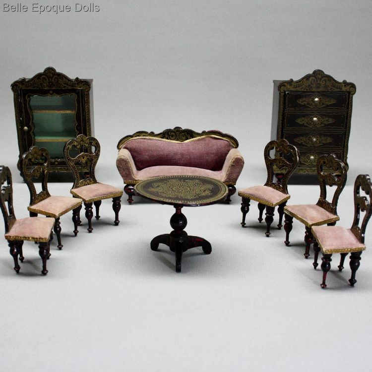 biedermeier salon , Antique dolls house furniture boulle style , Antique Dollhouse german wagner sohn furnishings miniature