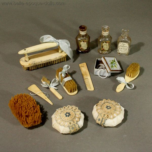 Antique French Doll toilette salon , antique beauty culture sets for dolls