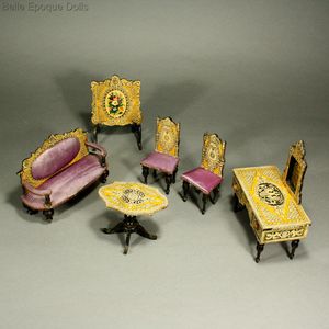Rare 19th Century Dollhouse Lithographed set with Dressing Table