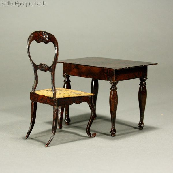 Antique Dolls House Furniture / German Painted Tin Balloon Back German Painted Tin Balloon Back Chair and Table by Rock & Graner - Antique Dolls House Furniture / German Painted Tin Balloon Back