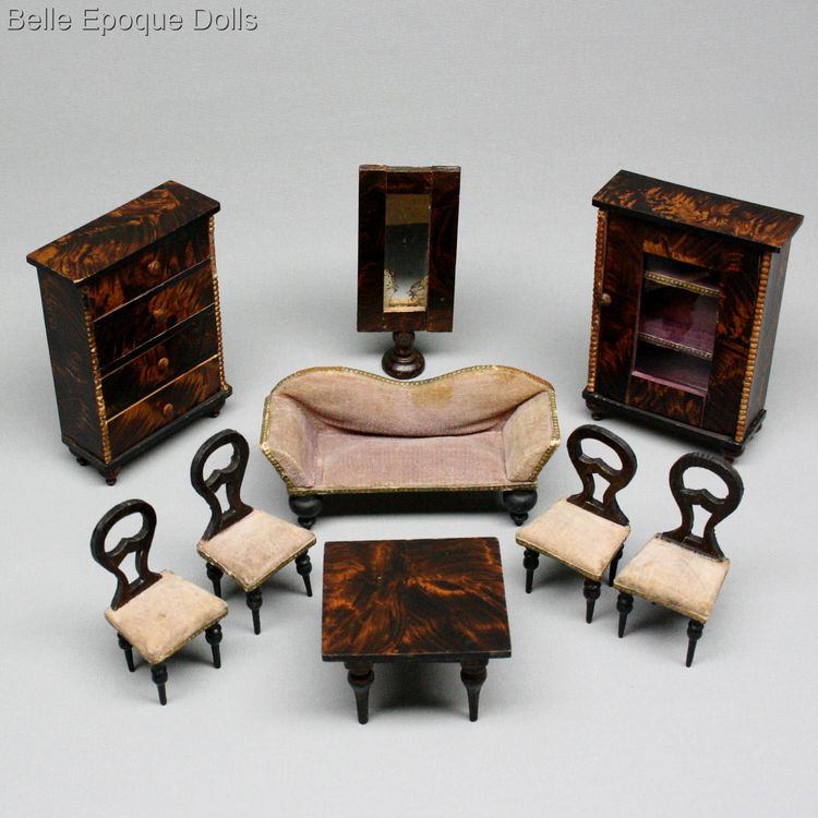 Antique Dollhouse miniature , faux false grained furniture