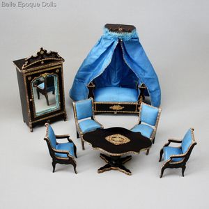 French Wooden Furniture in Ebony Finish with Vibrant Blue original Upholstery
