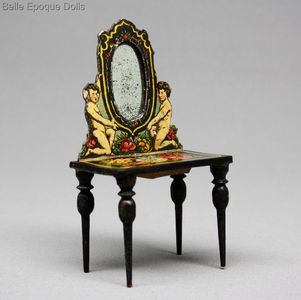 Very Elegant Antique Dollhouse Mirrored Table with Floral Lithographed Paper