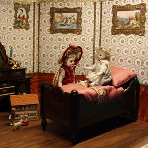 Antique German Wooden Dollhouse Walterhausen Bed with Bedclothing