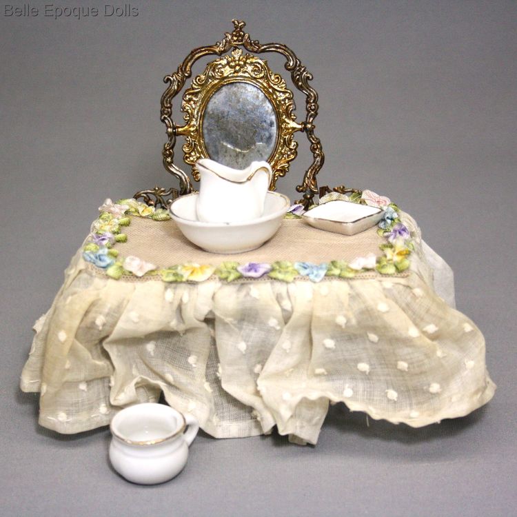 Antique Dollhouse miniature dressing table , antique gilt metal dressing table