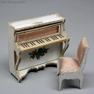  Antique French wooden salon with floral design  , French dollhouse salon Bolant Badeuille furniture , antique miniature piano furnishings 