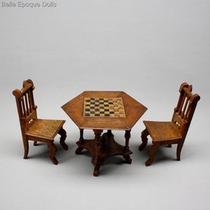Antique Miniature Game Table with Draughts Board Top and Two Chairs