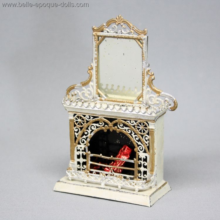 F.W. GERLACH manufacturing , Antique Dollhouse miniature fire place , Puppenstuben zubehor zinnkamin mit spiegelaufsatz