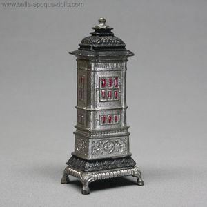 Antique Dollhouse Pewter Stove with Red Painting Simulating Fire