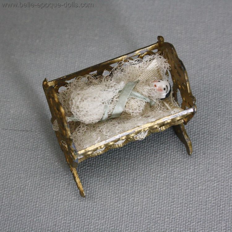 simon rivollet , Antique Dollhouse miniature cradle ,  Antique tiny frozen charlotte