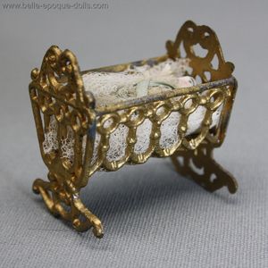 Antique Dollhouse miniature cradle , Antique dolls house metal furniture  ,  Antique tiny frozen charlotte 