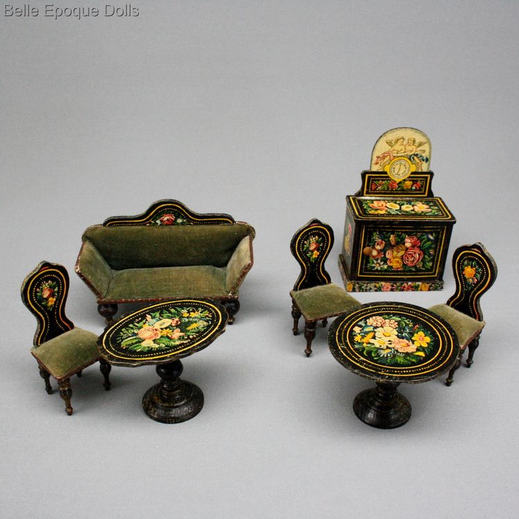 antique miniature lithographed salon with flowers ,  antique dollhouse lithographed salon 