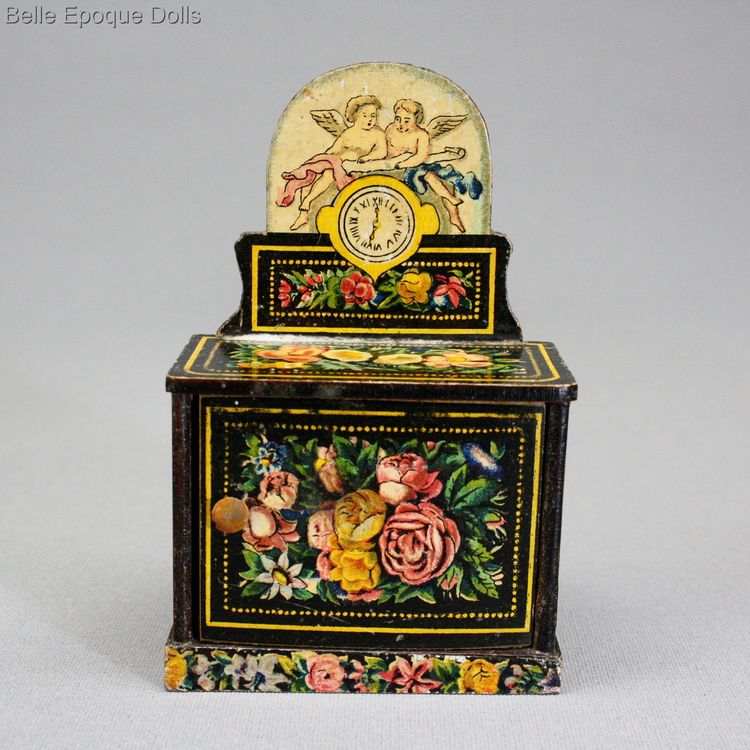 antique miniature lithographed salon with flowers ,  antique dollhouse lithographed salon 