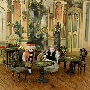 Marvelous Lithographed-Paper-Over-Wood Dollhouse Furniture with Angels and Floral Motives