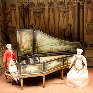 Miniature Wooden Harpsichord with Wonderful Hand-Painted Scenes
