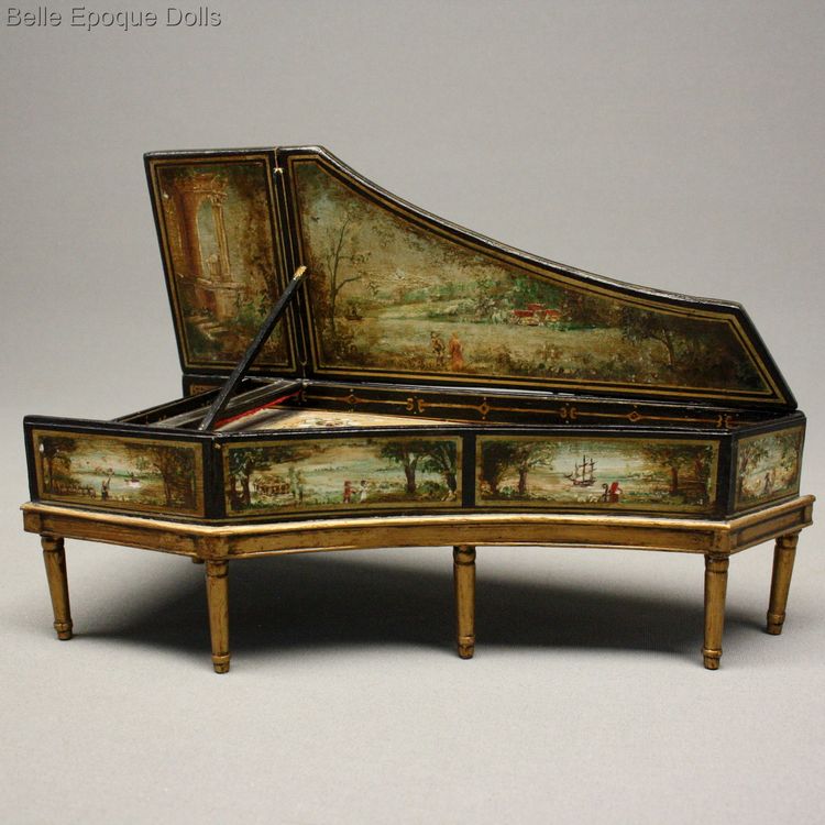 Antique Dolls House Furniture / Miniature Wooden Harpsichord with