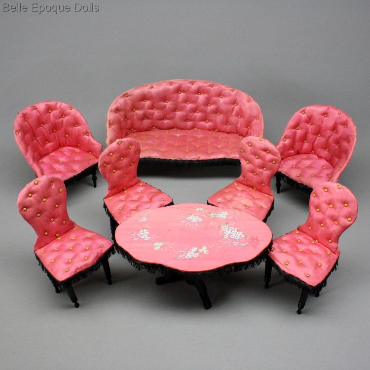 Gaultier fashion doll salon , Tufted upholstery Napoleon III miniature salon , antique French furnishings