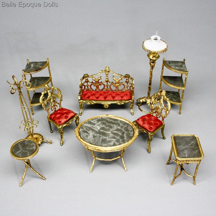 antique metal toys , german antique ormolu dollhouse accessories , dollhouse table erhard sohne furnishings