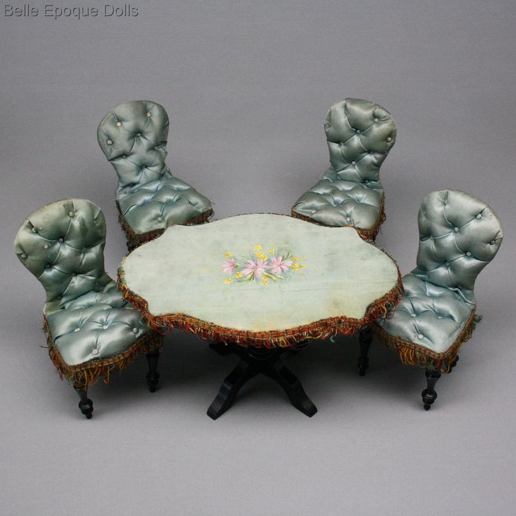 Gaultier fashion doll salon , Tufted upholstery Napoleon III miniature salon , antique French furnishings