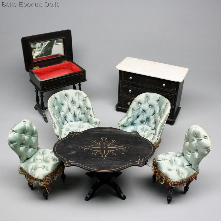 Gaultier fashion doll salon miniature , Antique Jumeau doll salon  , antique dressing sewing French table