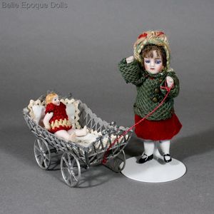 Fancy Vignette with Doll Stroller Pull Toy and All-bisque Mignonettes