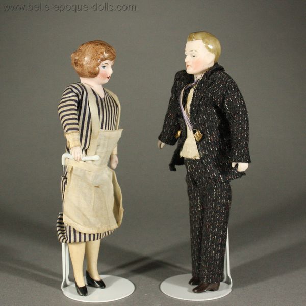 dollhouse dolls in service outfits , Antique german Dollhouse dolls maid , alte Puppenstuben puppen hausdiener und zimmermchen