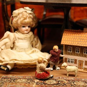 Tiny German All-Bisque Children Dolls in Original Knit Costumes - By Carl Horn