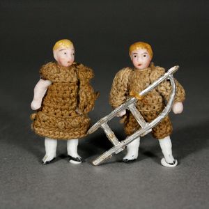 Pair of All-Bisque Tiny Dolls by Carl Horn with  Sled and Teddy Bear