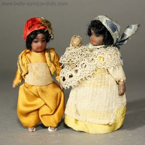 Antique  Lilliputian pair of Dolls ethnic , Antique French tiny mignonette , Alte ganzbiskuit Puppchen 