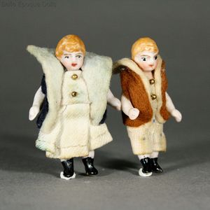Antique All Bisque Couple of Tiny Dolls in Original Velvet Costume