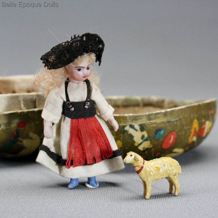 Antique Dollhouse miniature lilliputian doll , antique Shepherdess  in Presentation Easter Egg