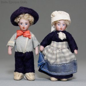 Antique Pair of All-Bisque Tiny Mignonettes in Original Costume