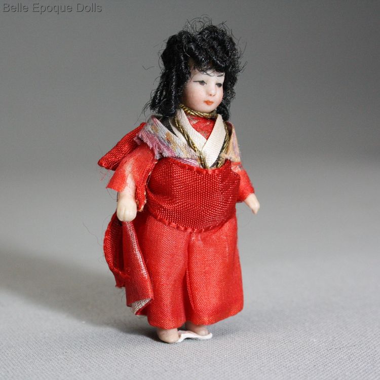 Antique Dollhouse asian doll , antique miniature japanese all bisque doll